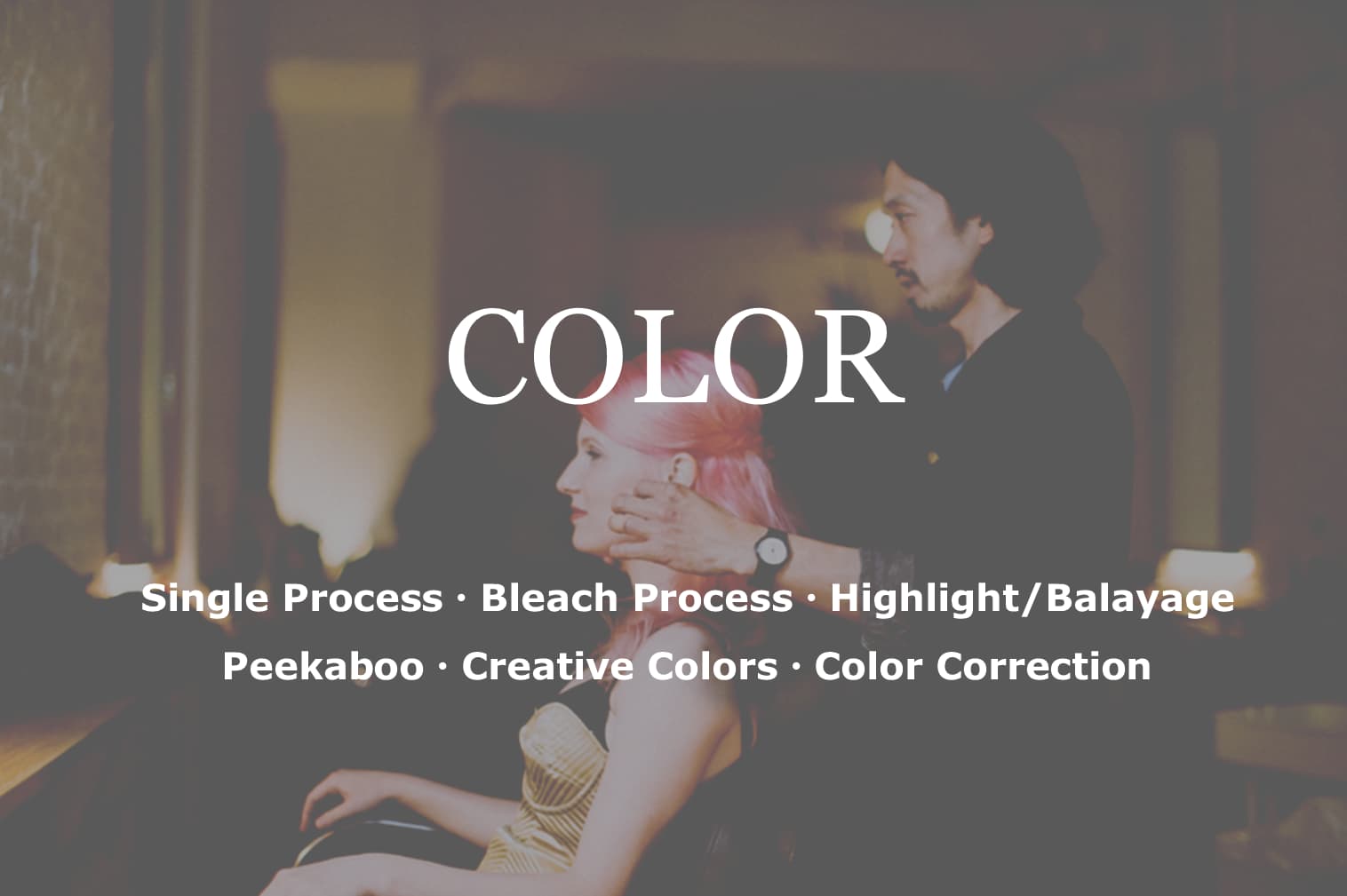 Single Process, Bleach Process, Highlight, Balayage, Peekaboo, Creative Colors, Color Correction